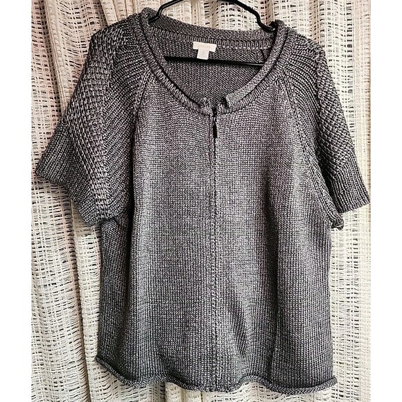 Chico’s Womens Full Zip Short Sleeve Gray Metallic Knit Sweater 3/XL Dressy Goth - Picture 1 of 15